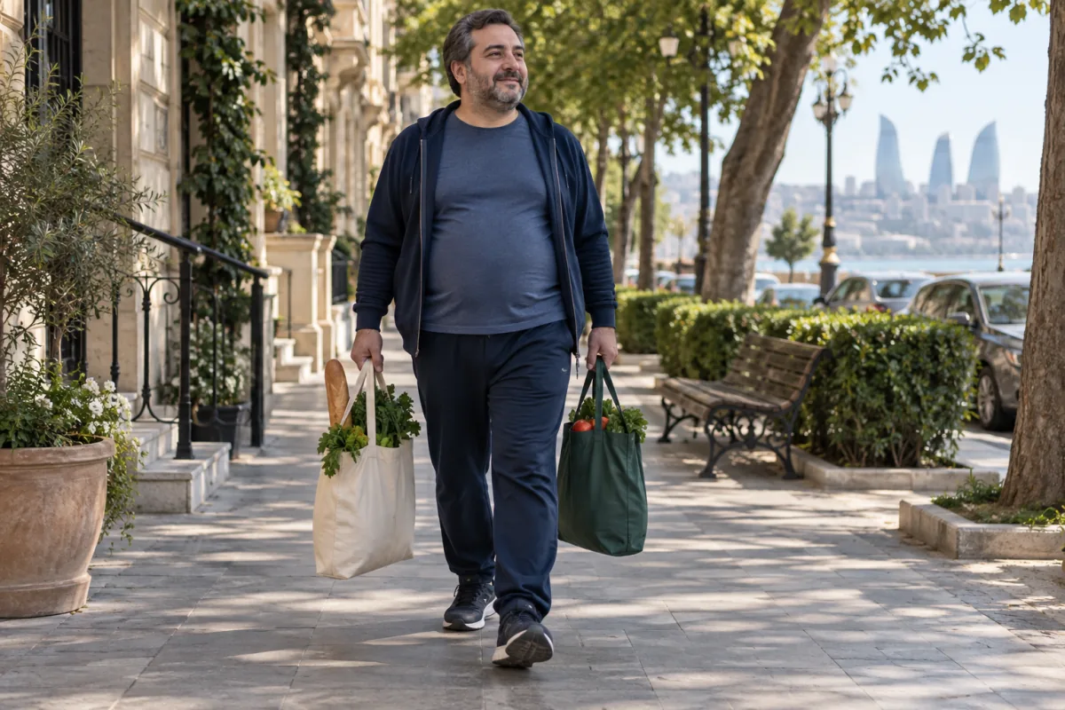 Ağaclı küçədə ərzaq çantaları ilə gedən kişi.