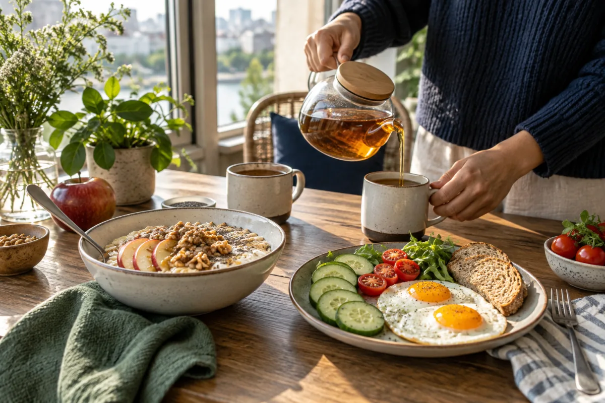 Yulaf, qatıq, meyvə, yumurta və tərəvəzli səhər süfrəsi.