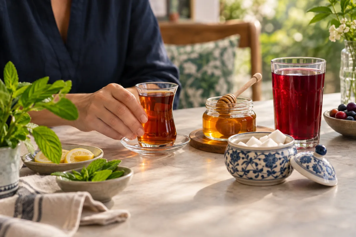 Masa üzərində çay, bal, şəkər və meyvəli içki.