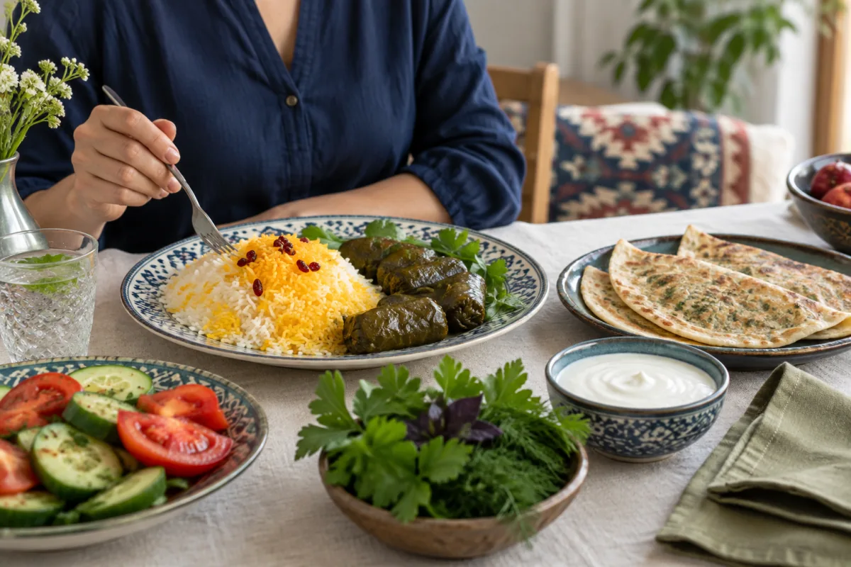 Tərəvəz və qatıqla plov, yarpaq dolması və göyərti qutabı.