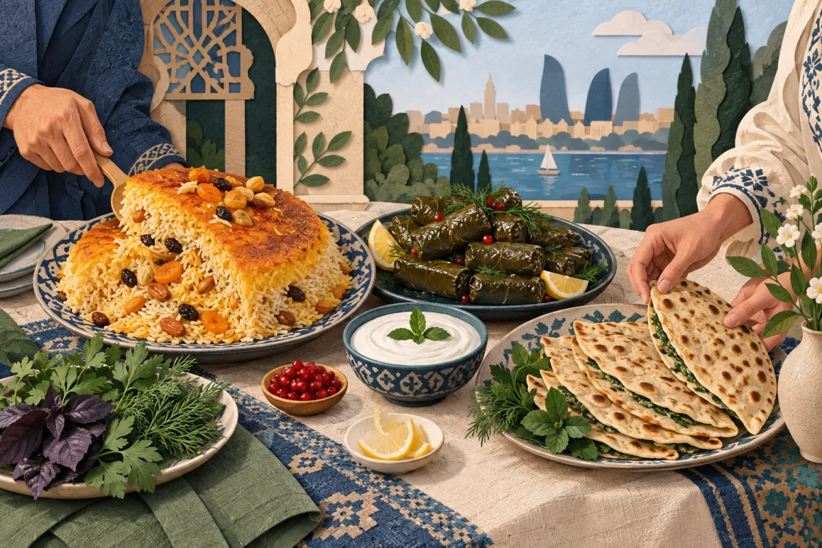 Plov, dolma, qutab, göyərti və qatığın illüstrasiyası.