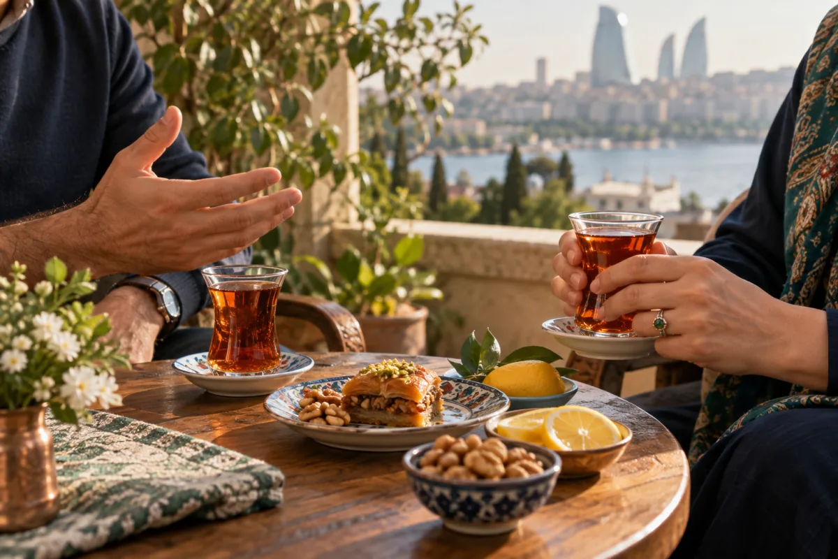 Armudu stəkanlarda çay, paxlava və qoz.