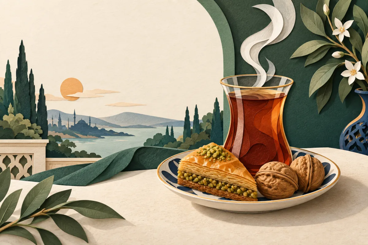 Armudu çay stəkanı, paxlava və qoz illüstrasiyası.