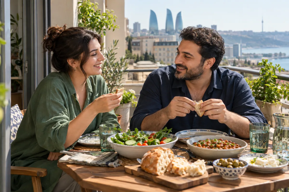 Günəşli balkonda rahat nahar paylaşan cütlük.