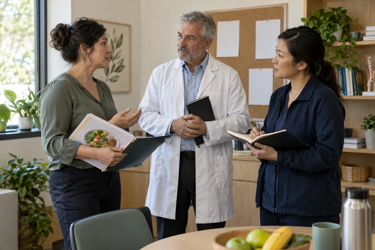 Üç mütəxəssis klinikanın iş otağında qovluq və dəftərlərlə ayaqüstü müzakirə aparır.